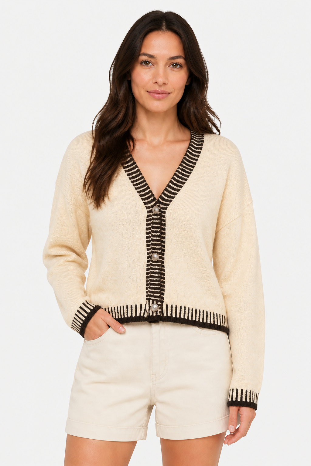 Knit Wide Leg Cardigan Set for Women - Apricot - front