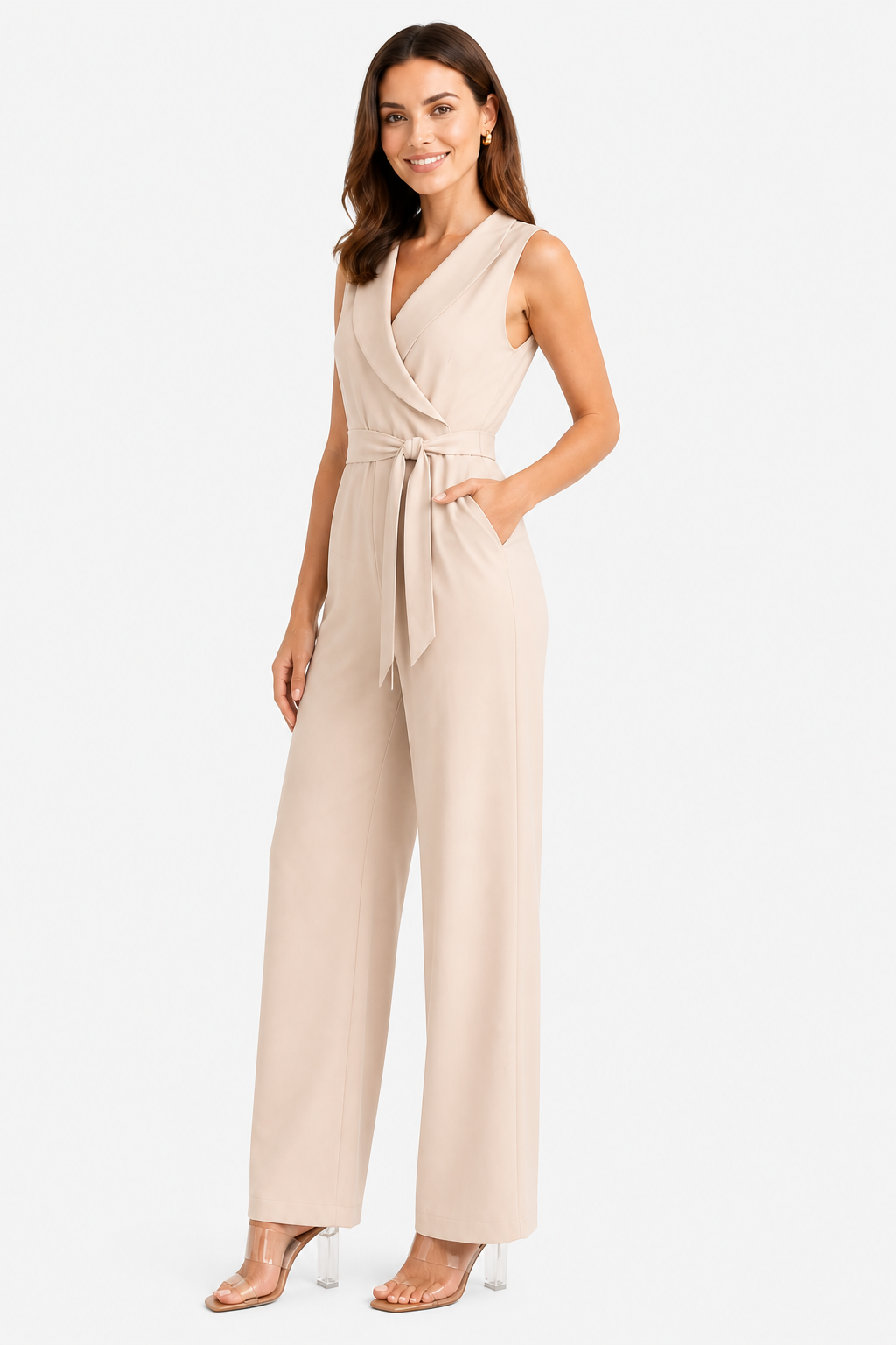 Women’s Sleeveless Wide Leg Jumpsuit – Elegant Tie Waist Style - Apricot - side