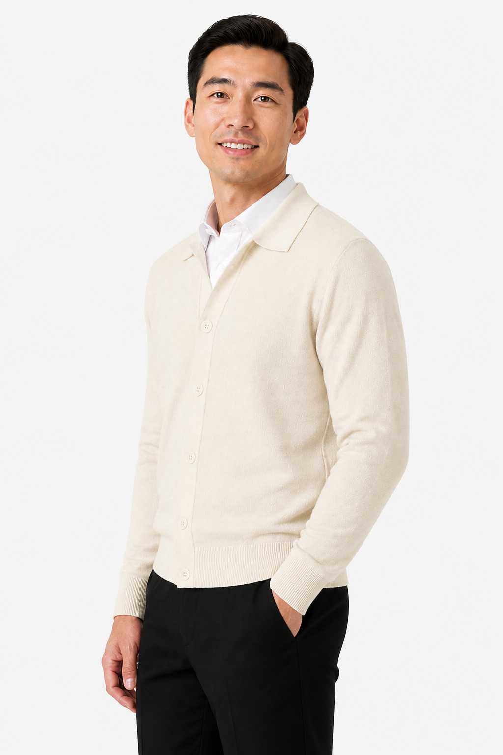 Men's Knit Cardigan Button Front Collar Classic Fit - Apricot - side