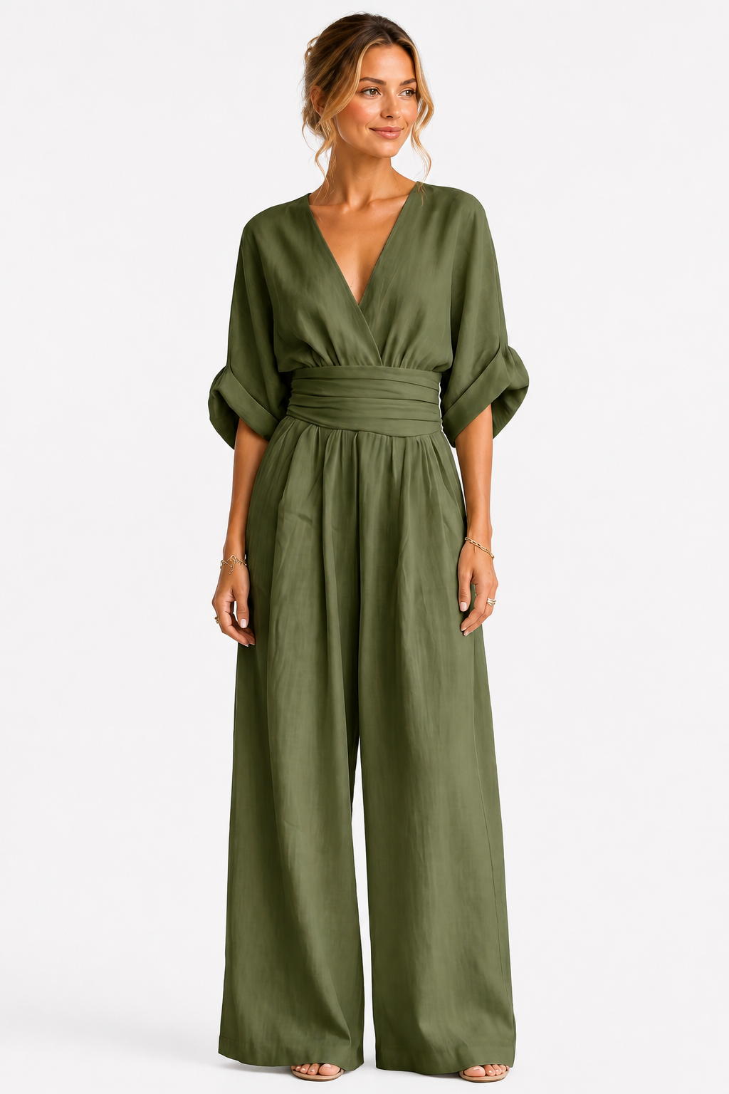 Valoria – Draped waist elegance – Wide-leg jumpsuit - Army Green - front