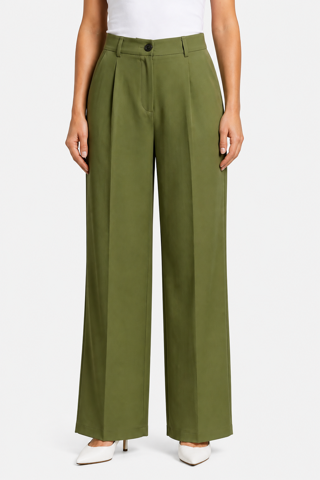 Mirelline – Sleek tailoring – High-waist straight-leg trousers - Army green - front
