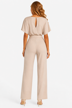 Short Sleeve Belted Jumpsuit Boat Neck Summer One Piece - Beige - back