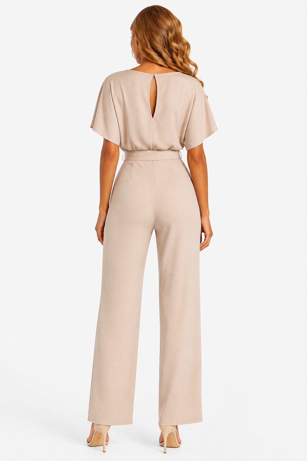 Short Sleeve Belted Jumpsuit Boat Neck Summer One Piece - Beige - back