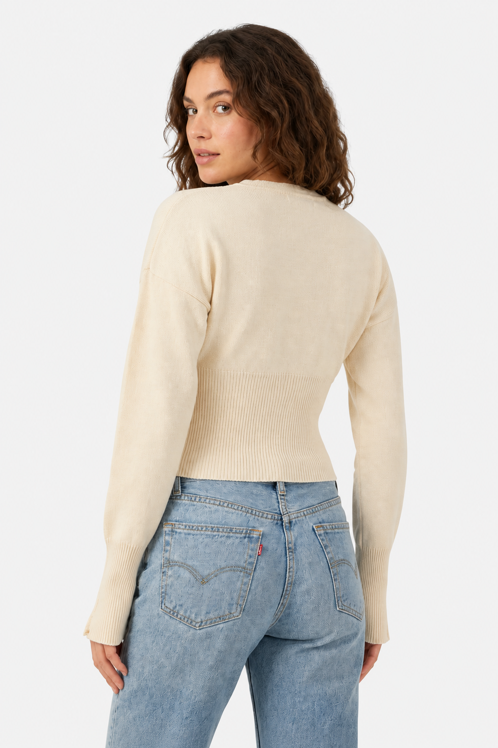Cropped Cardigan with Button-Front for Women - Beige - back