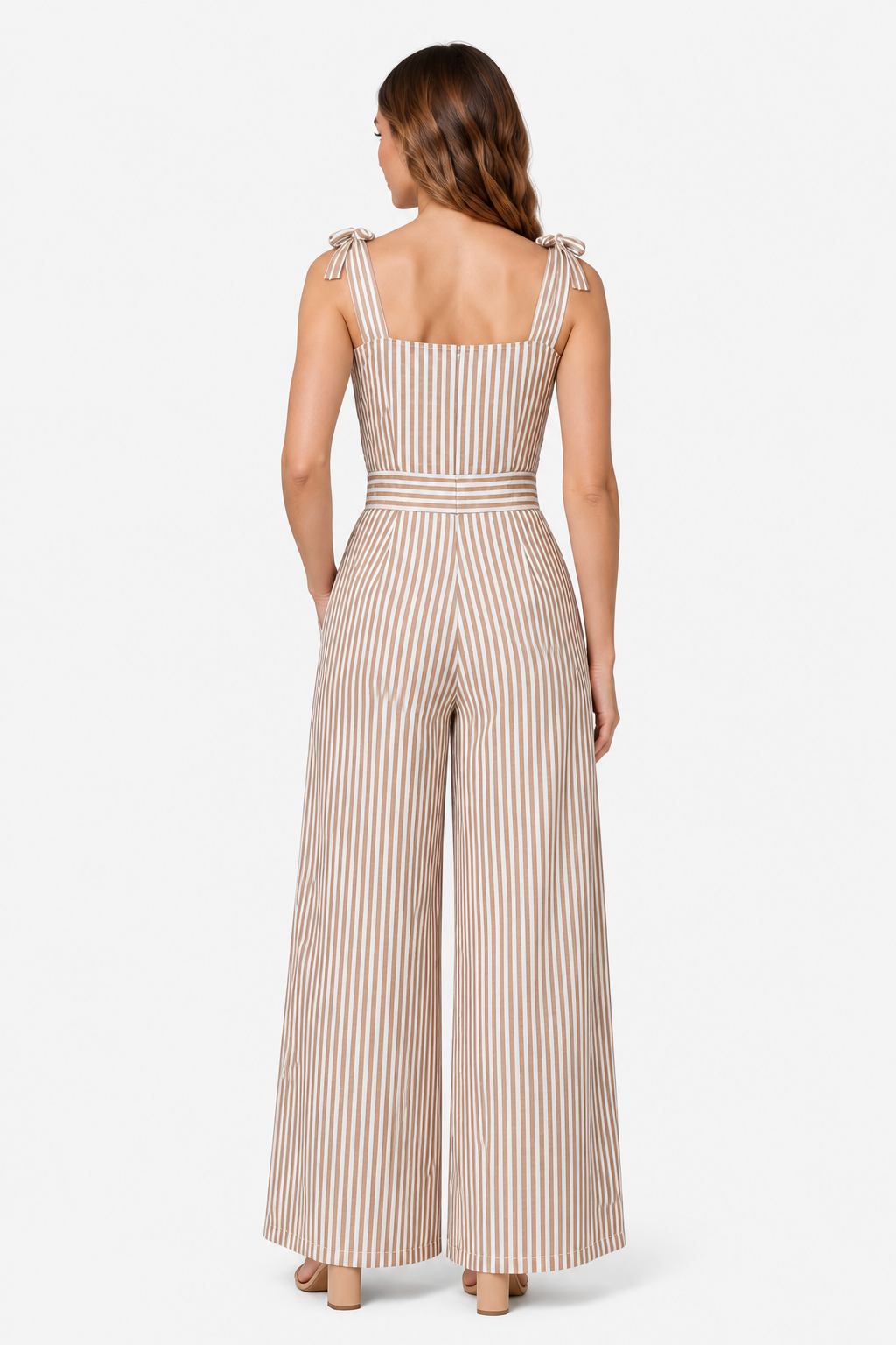 Women's Striped Wide Leg Jumpsuit – Tie Shoulder Summer Outfit - Beige - back