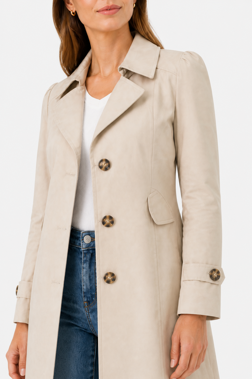 Women’s Tailored Trench Coat – Short Buttoned Fit - Beige - detail