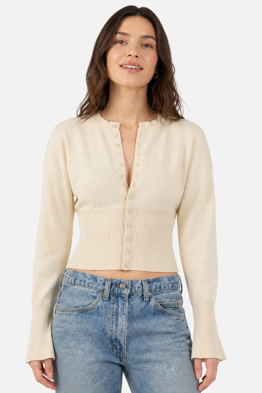 Cropped Cardigan with Button-Front for Women - Beige - front