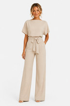 Wide Leg Jumpsuit With Waist Tie - Beige - front