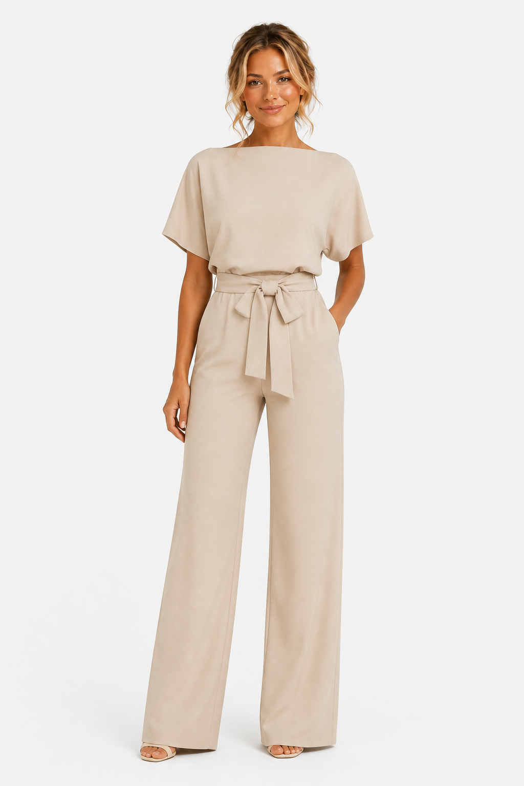 Wide Leg Jumpsuit With Waist Tie - Beige - front