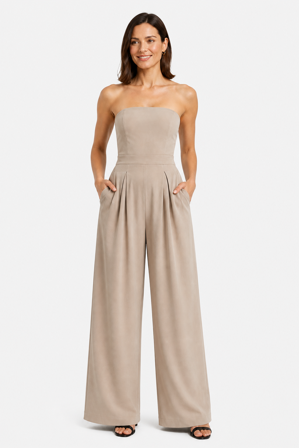 Women’s Strapless Wide Leg Jumpsuit – Elegant Structured Summer Style - Beige - front