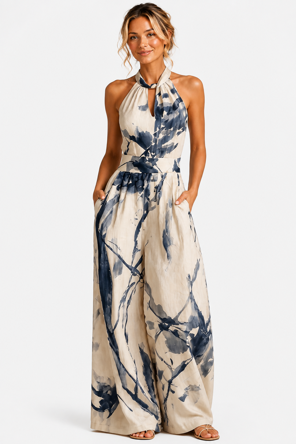Aquarelle – Artistic ink print – Wide-leg jumpsuit - Beige - front