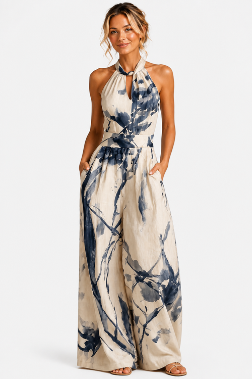 Aquarelle – Artistic ink print – Wide-leg jumpsuit - Beige - front
