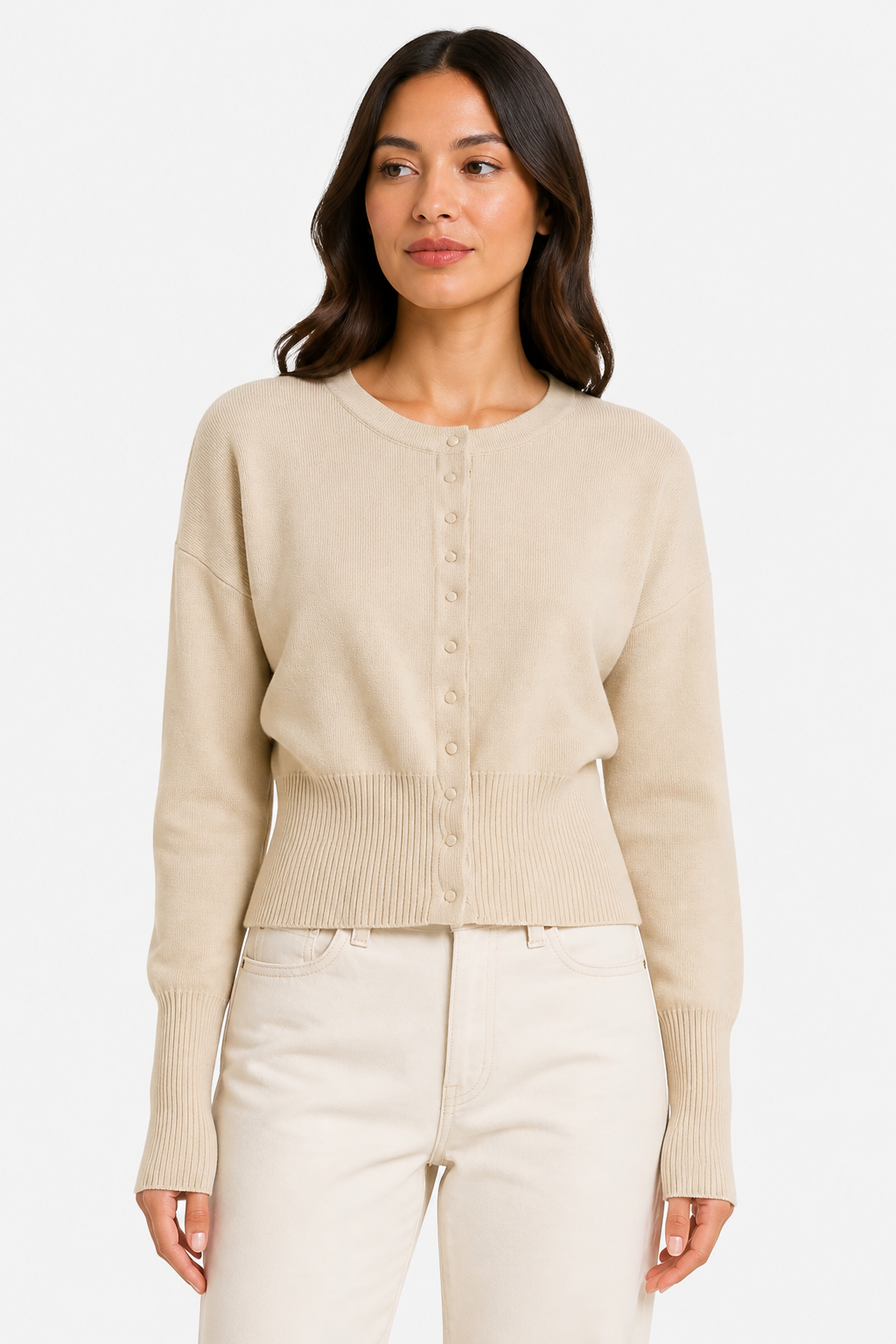 Elegant Crop Ribbed Cardigan for Women - Beige - front