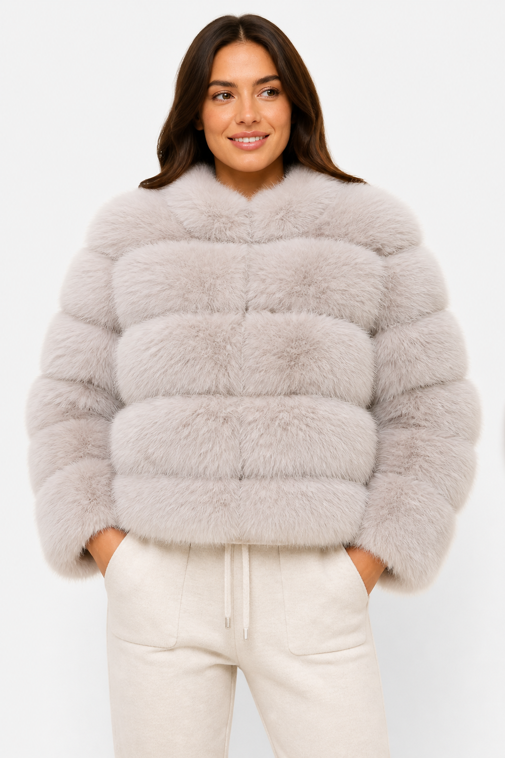 Beige Premium Faux Fur Jacket - Beige - front