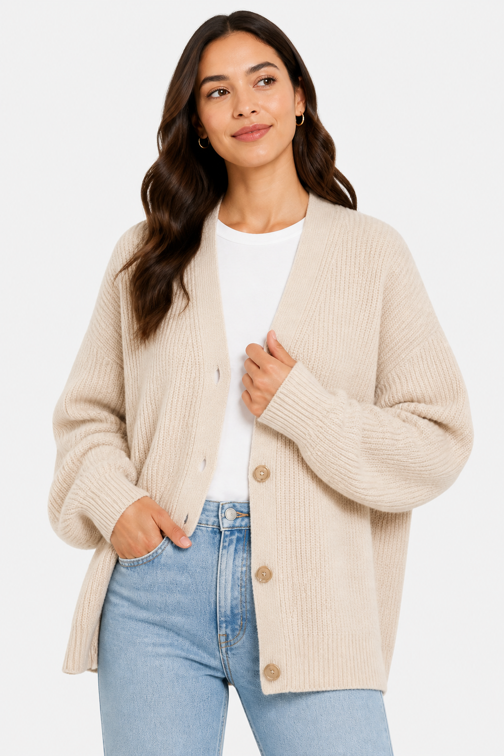 Oversized Ribbed Knit Cardigan for Women - Beige - front