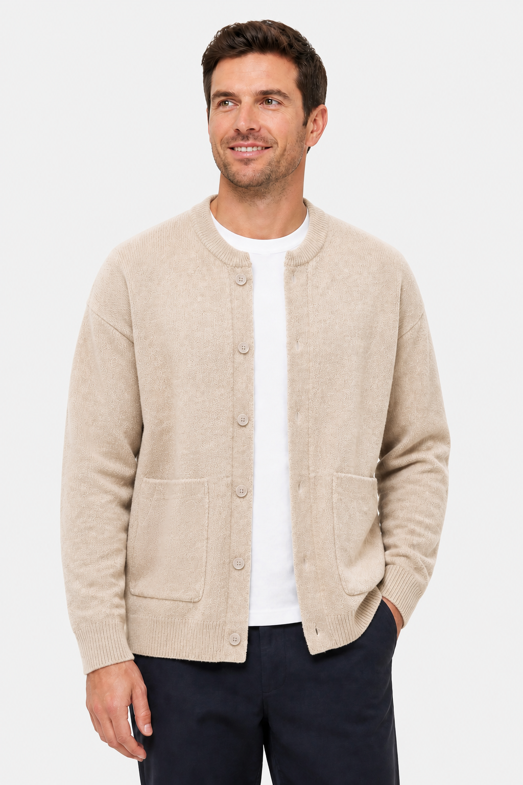 Men's Buttoned Cardigan - Beige - front