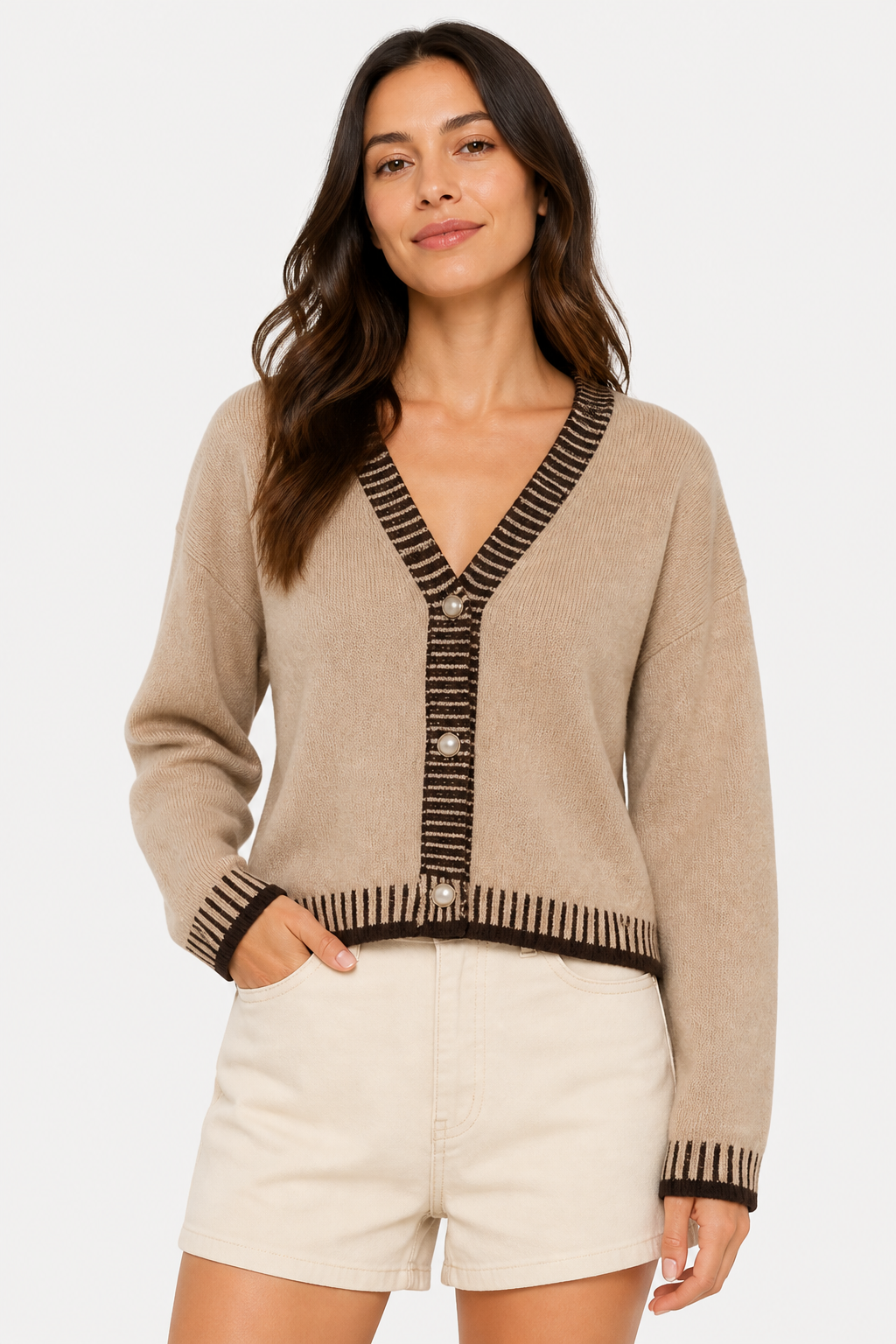 Knit Wide Leg Cardigan Set for Women - Beige - front