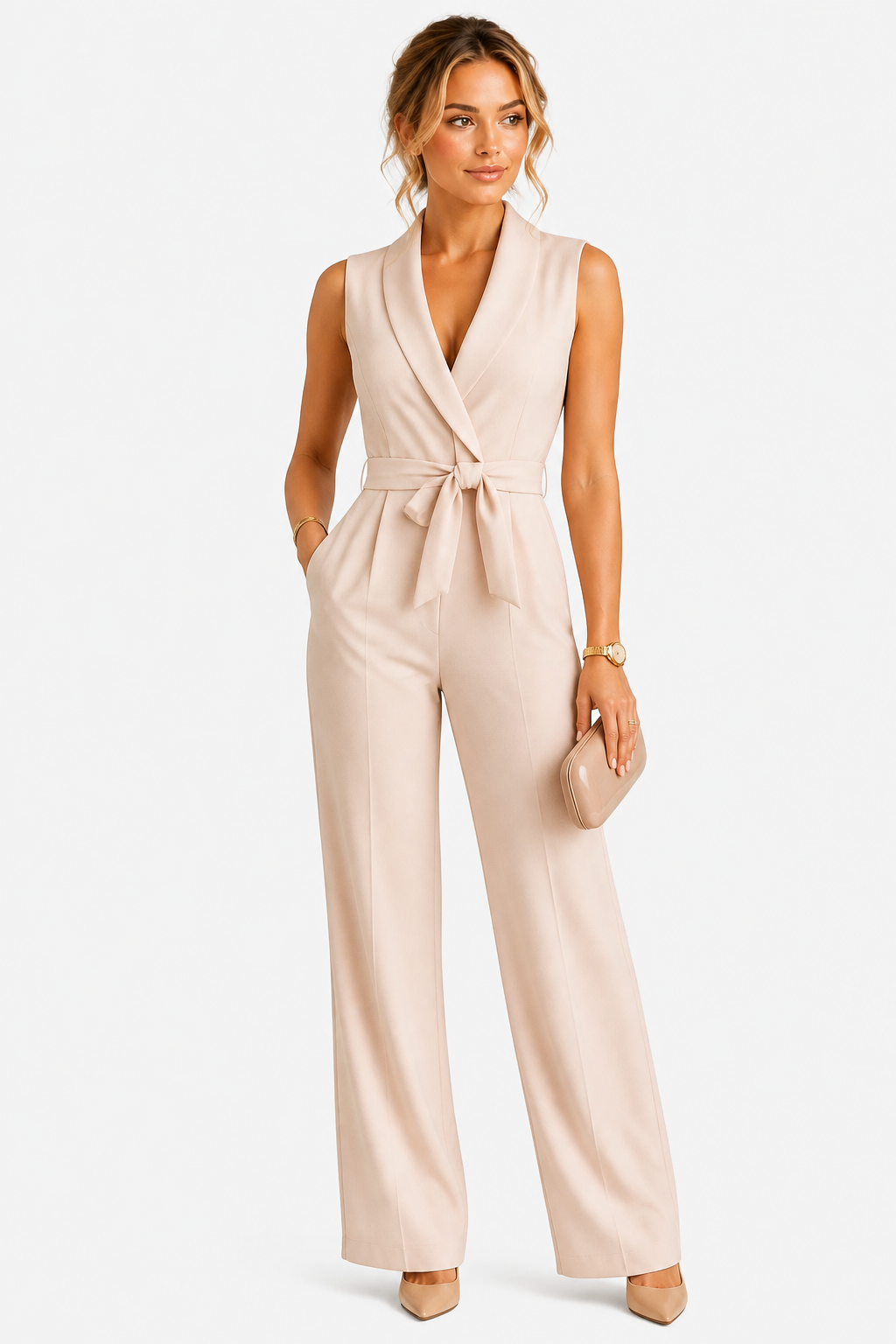 Elegant Wrap Jumpsuit Tailored Wide Leg Formal Outfit - Beige - front