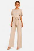 Short Sleeve Belted Jumpsuit Boat Neck Summer One Piece - Beige - front