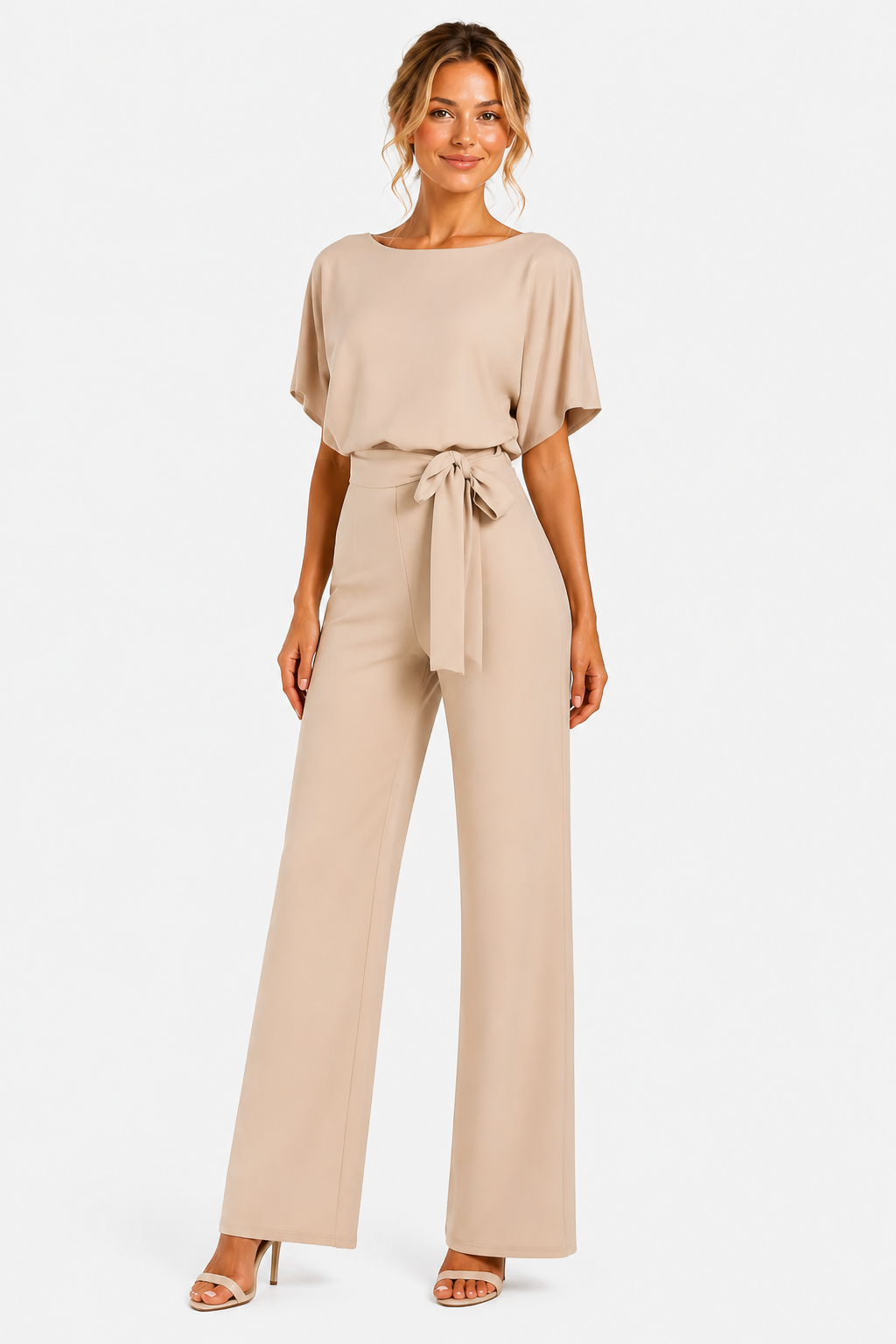 Short Sleeve Belted Jumpsuit Boat Neck Summer One Piece - Beige - front