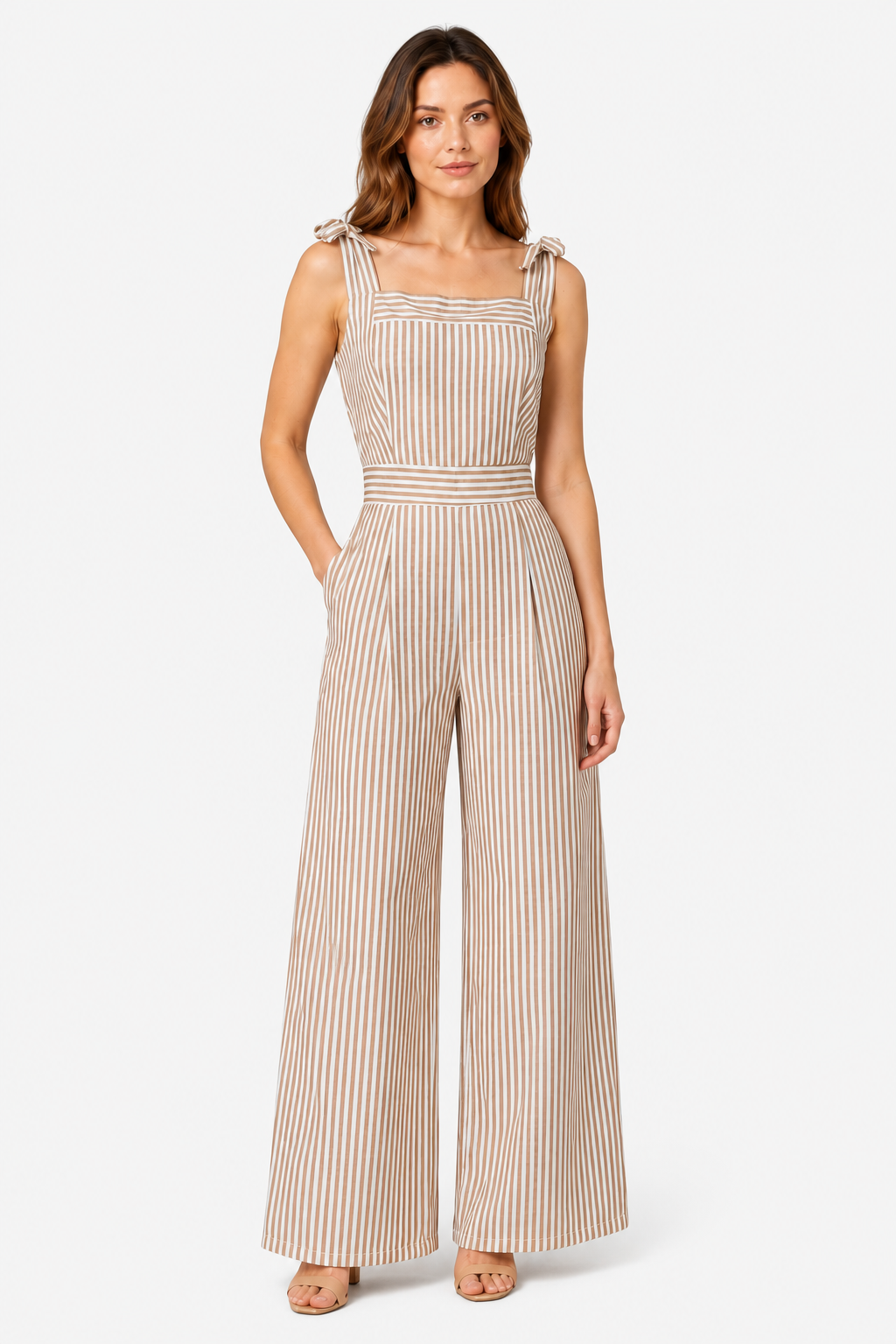 Women's Striped Wide Leg Jumpsuit – Tie Shoulder Summer Outfit - Beige - front