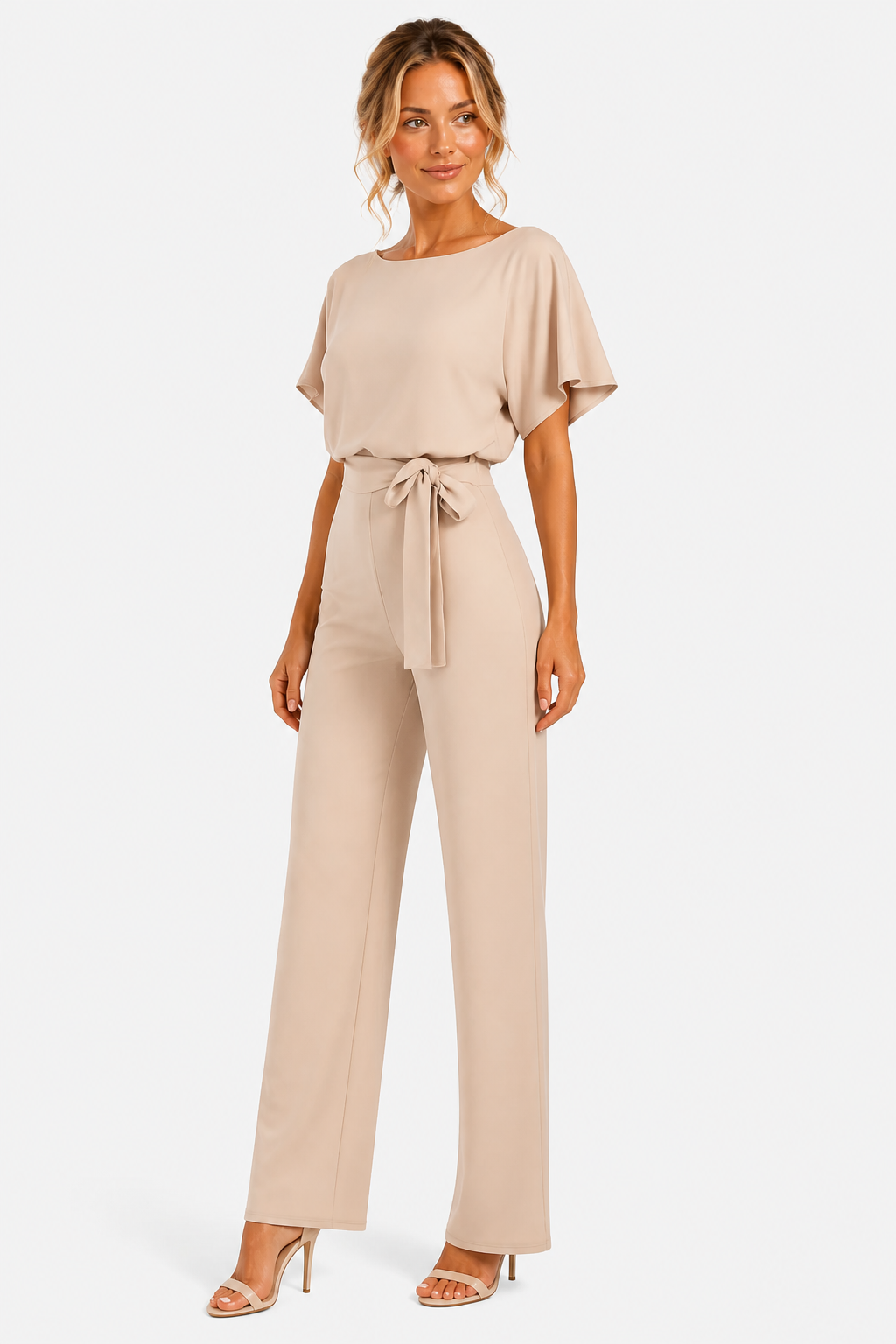 Short Sleeve Belted Jumpsuit Boat Neck Summer One Piece - Beige - side left