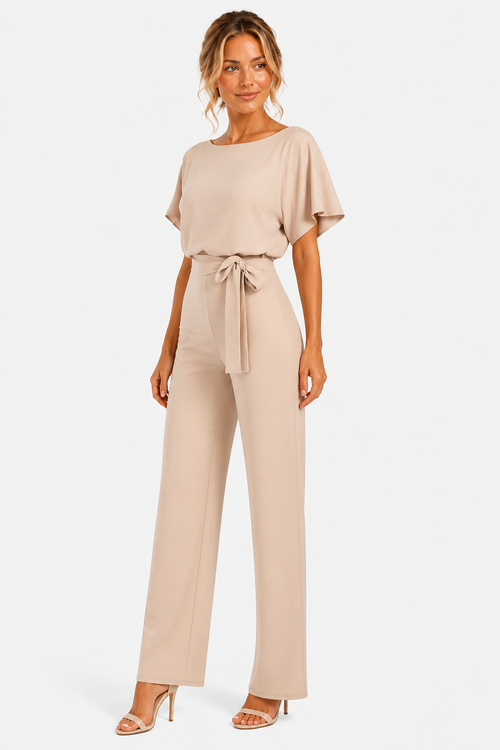 Short Sleeve Belted Jumpsuit Boat Neck Summer One Piece - Beige - side left