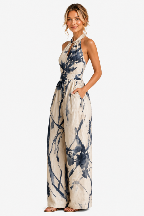 Aquarelle – Artistic ink print – Wide-leg jumpsuit - Beige - side left