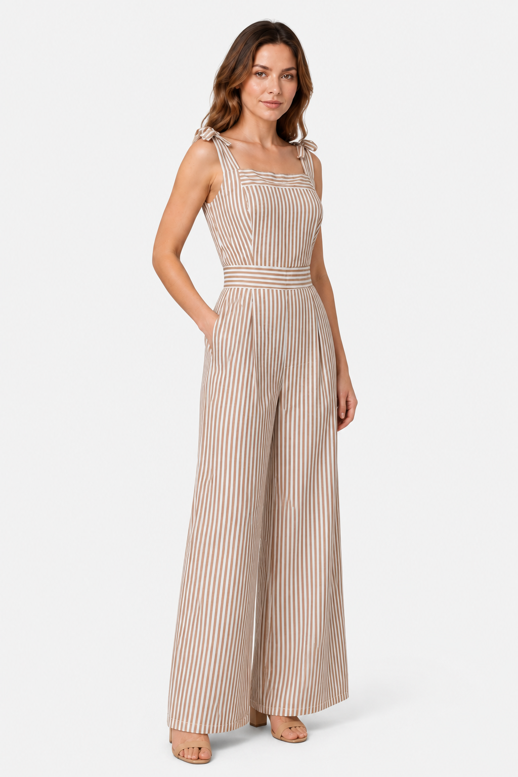 Women's Striped Wide Leg Jumpsuit – Tie Shoulder Summer Outfit - Beige - side left