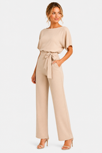 Short Sleeve Belted Jumpsuit Boat Neck Summer One Piece - Beige - side right