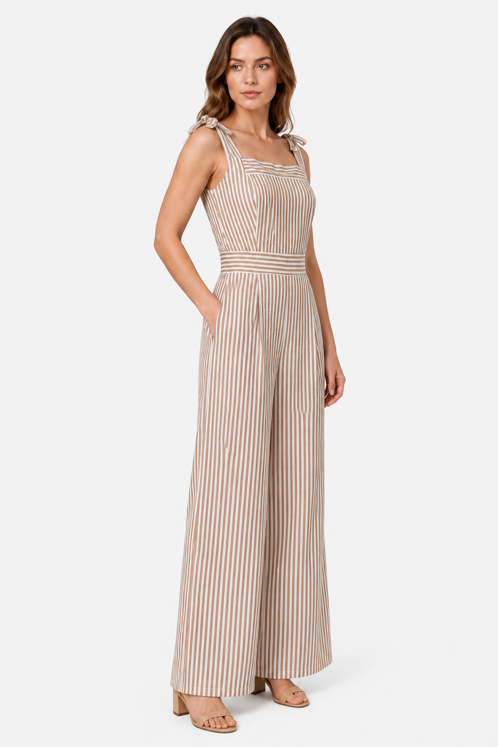 Women's Striped Wide Leg Jumpsuit – Tie Shoulder Summer Outfit - Beige - side right