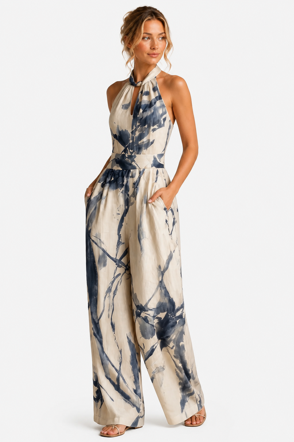 Aquarelle – Artistic ink print – Wide-leg jumpsuit - Beige - side right