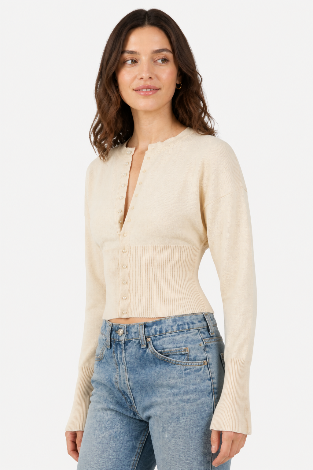 Cropped Cardigan with Button-Front for Women - Beige - side