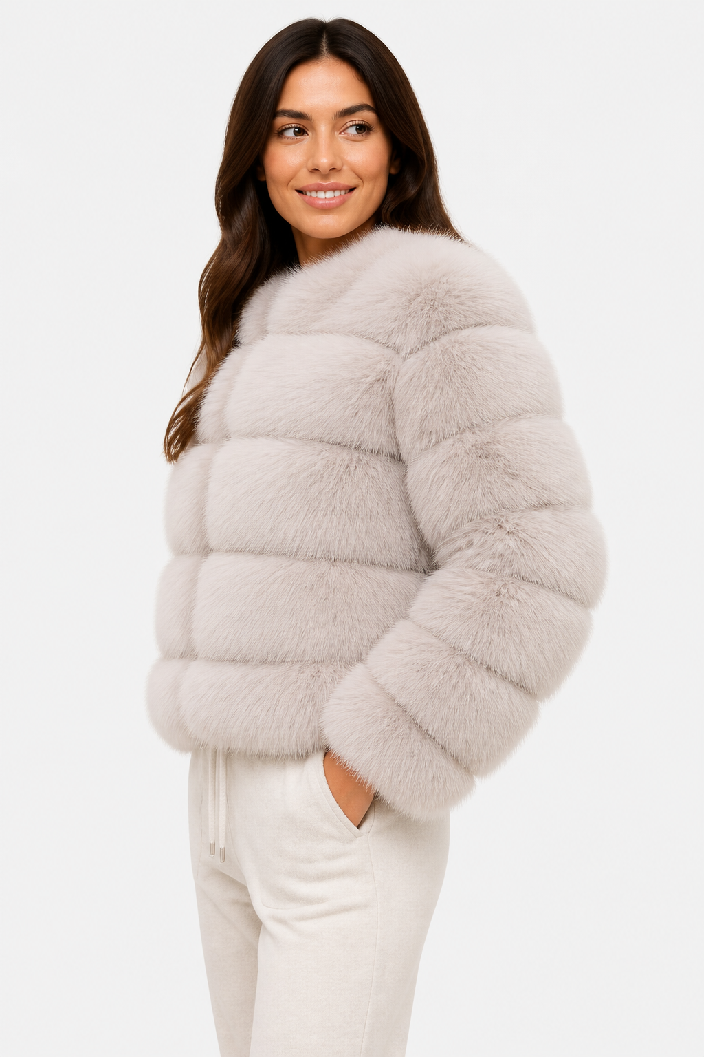 Beige Premium Faux Fur Jacket - Beige - side