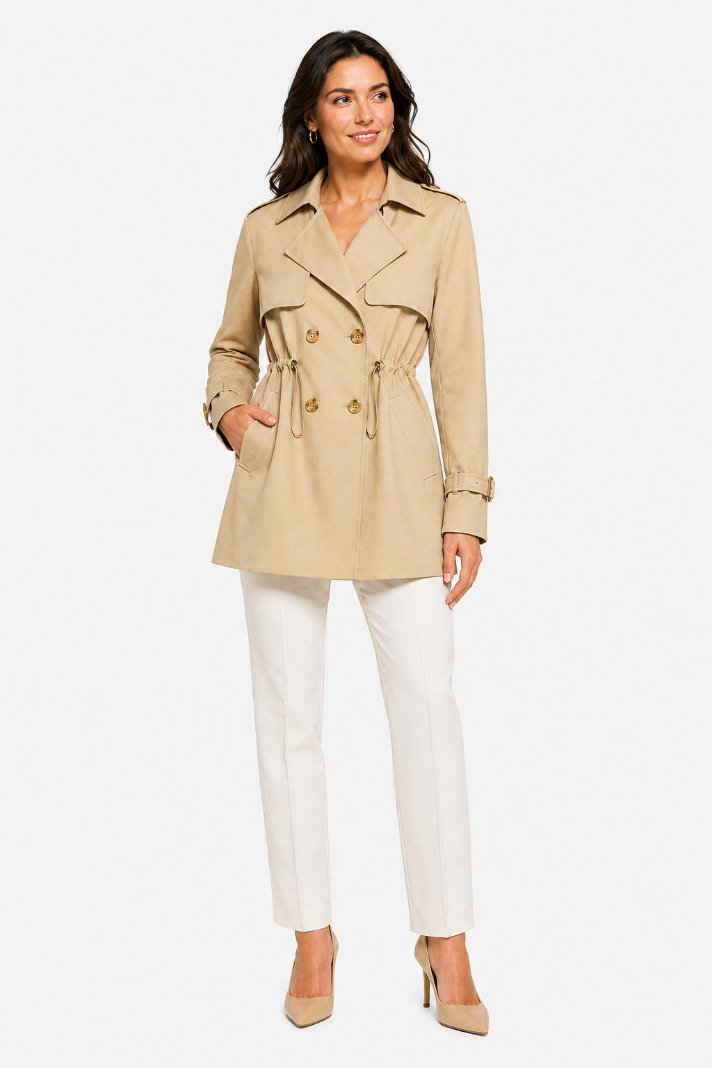 Women's Short Trench Coat Double-Breasted Drawstring Waist - Beige - whole body 2