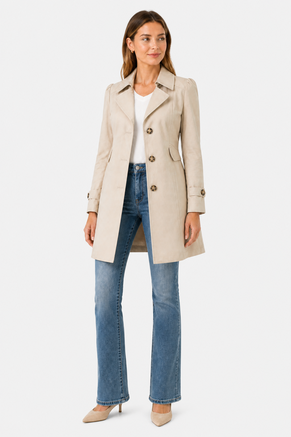 Women’s Tailored Trench Coat – Short Buttoned Fit - Beige - whole body 2