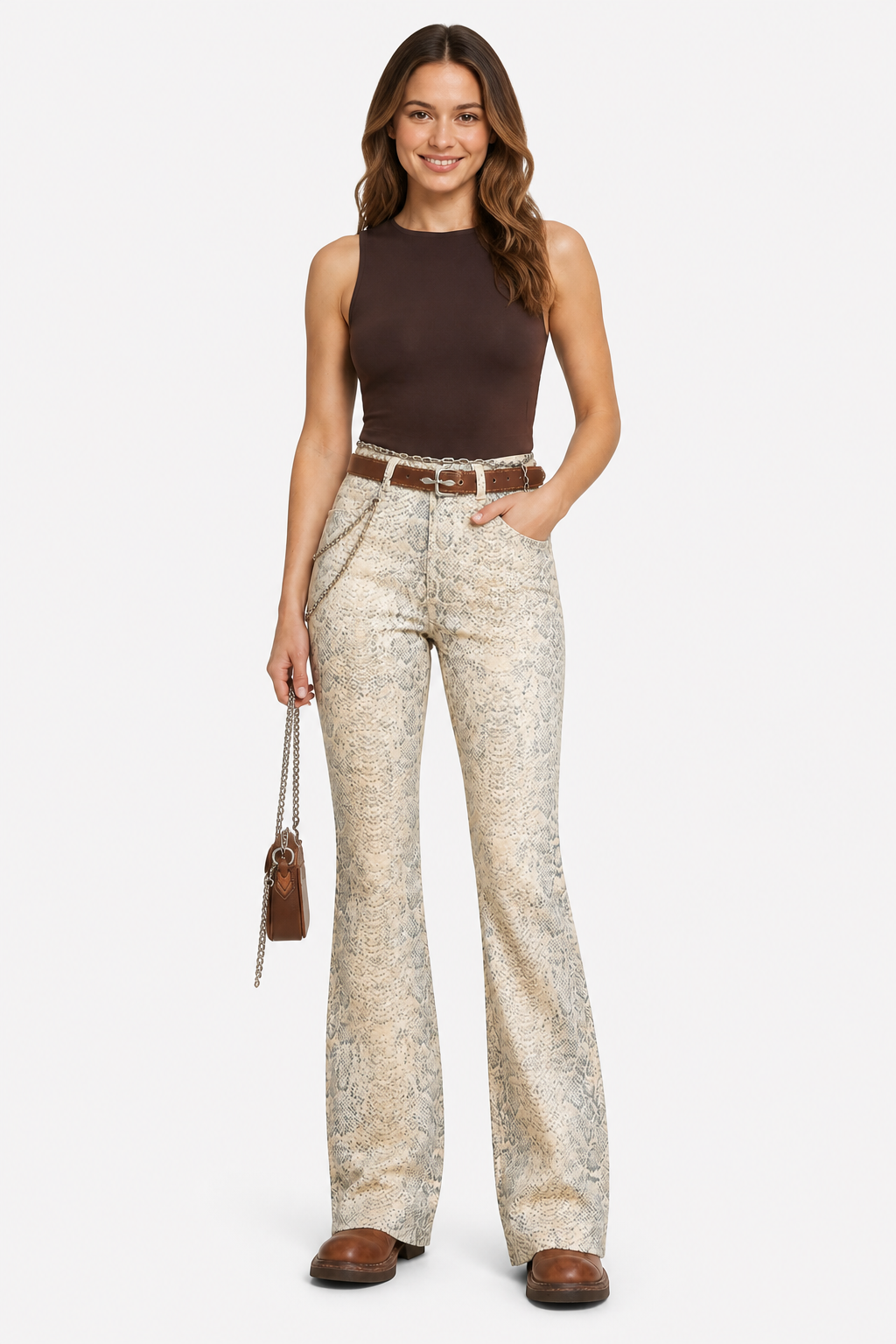 Seraphielle – Snake print elegance – Palazzo jeans - Beige - whole body