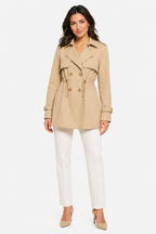Women's Short Trench Coat Double-Breasted Drawstring Waist - Beige - whole body