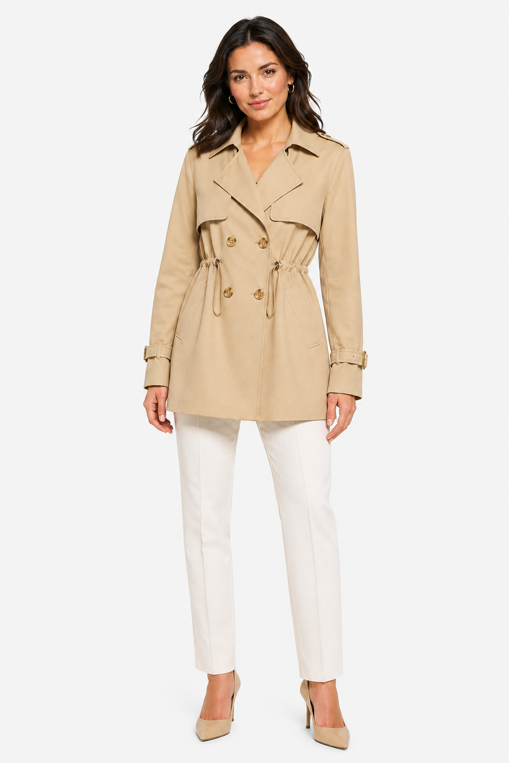 Women's Short Trench Coat Double-Breasted Drawstring Waist - Beige - whole body