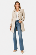 Women’s Tailored Trench Coat – Short Buttoned Fit - Beige - whole body