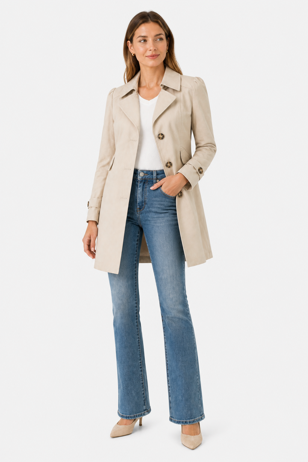 Women’s Tailored Trench Coat – Short Buttoned Fit - Beige - whole body