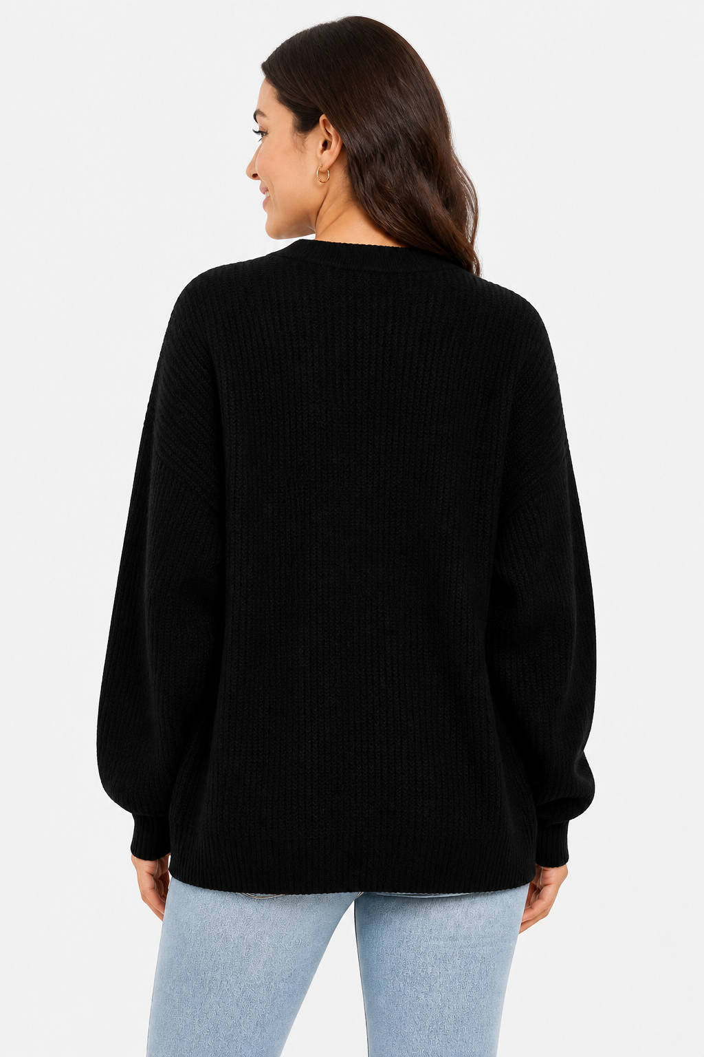 Oversized Ribbed Knit Cardigan for Women - Black - back