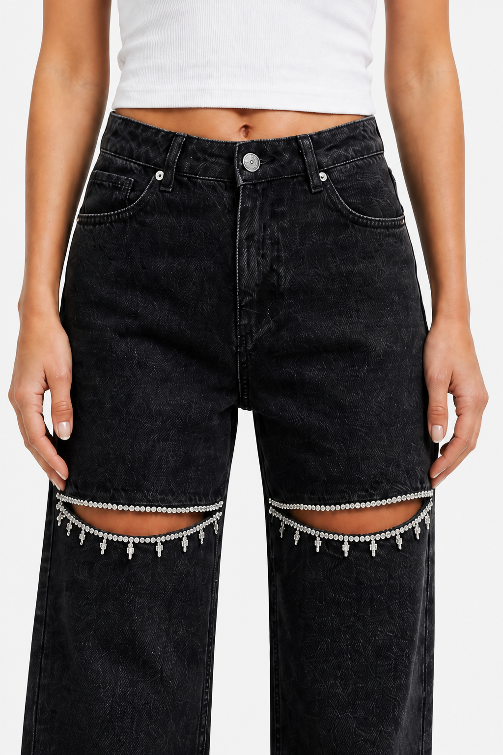 Velmoura – Crystal cut detail – Wide leg jeans - Black - detail