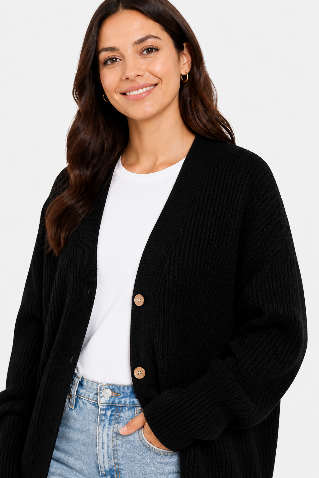 Oversized Ribbed Knit Cardigan for Women - Black - detail