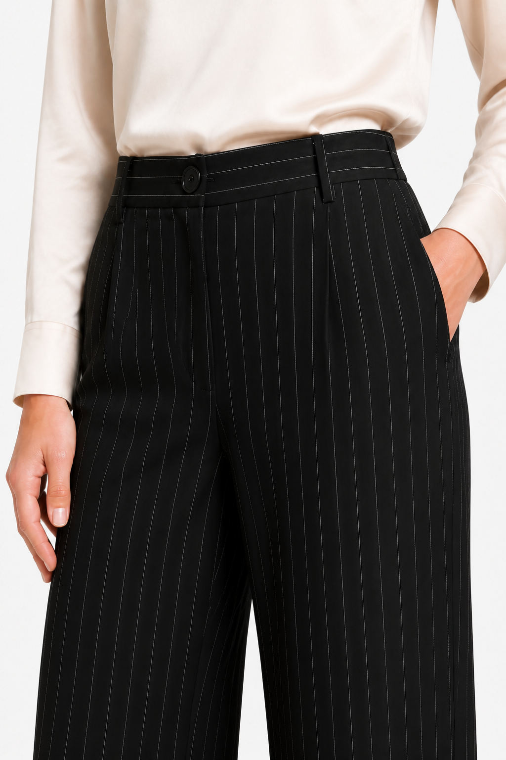 Belloire – Refined pinstripe elegance – Wide-leg trousers - Black - detail