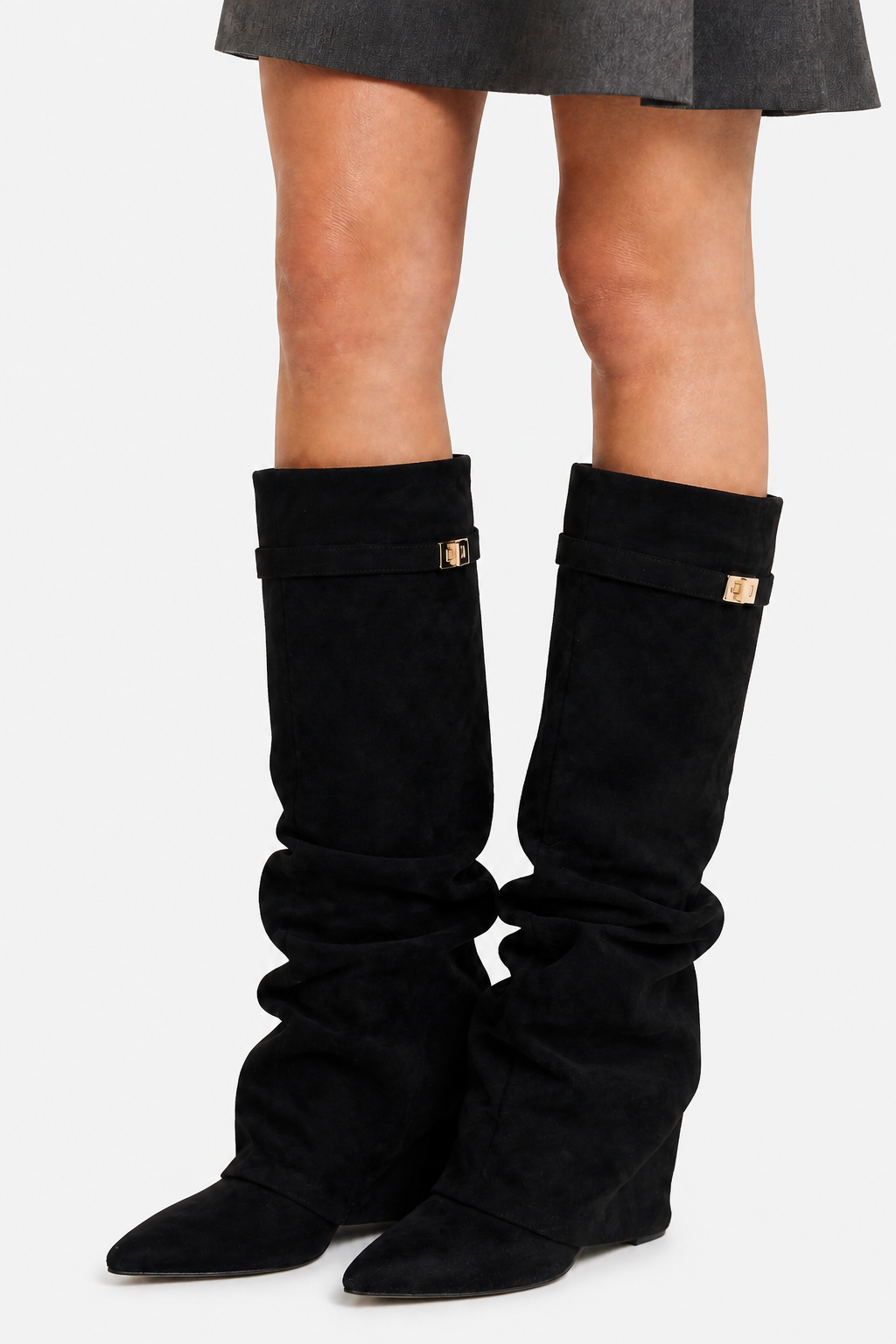 Knee High Slouch Boots - Pointed Toe - Black - detail