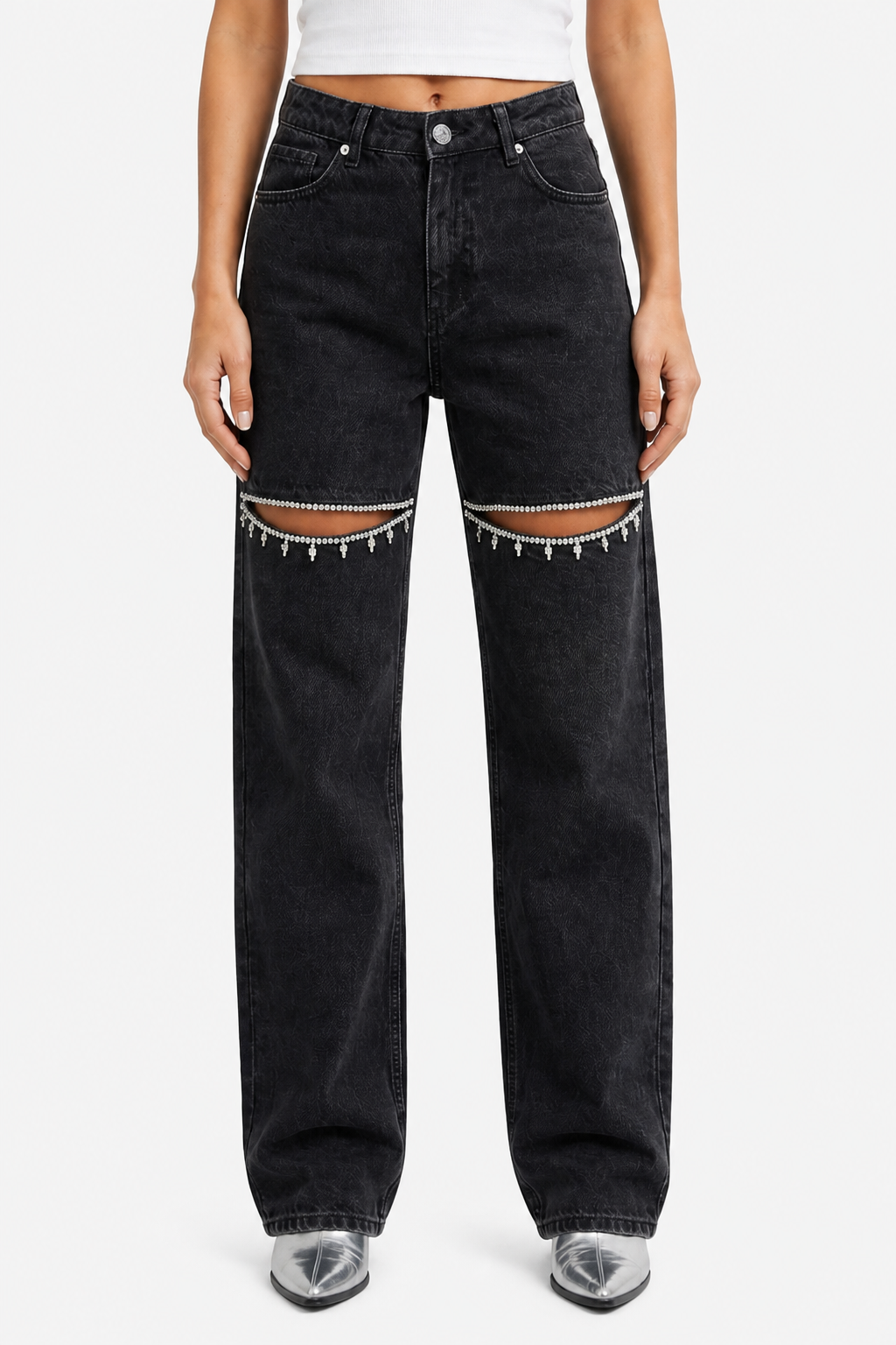 Velmoura – Crystal cut detail – Wide leg jeans - Black - front
