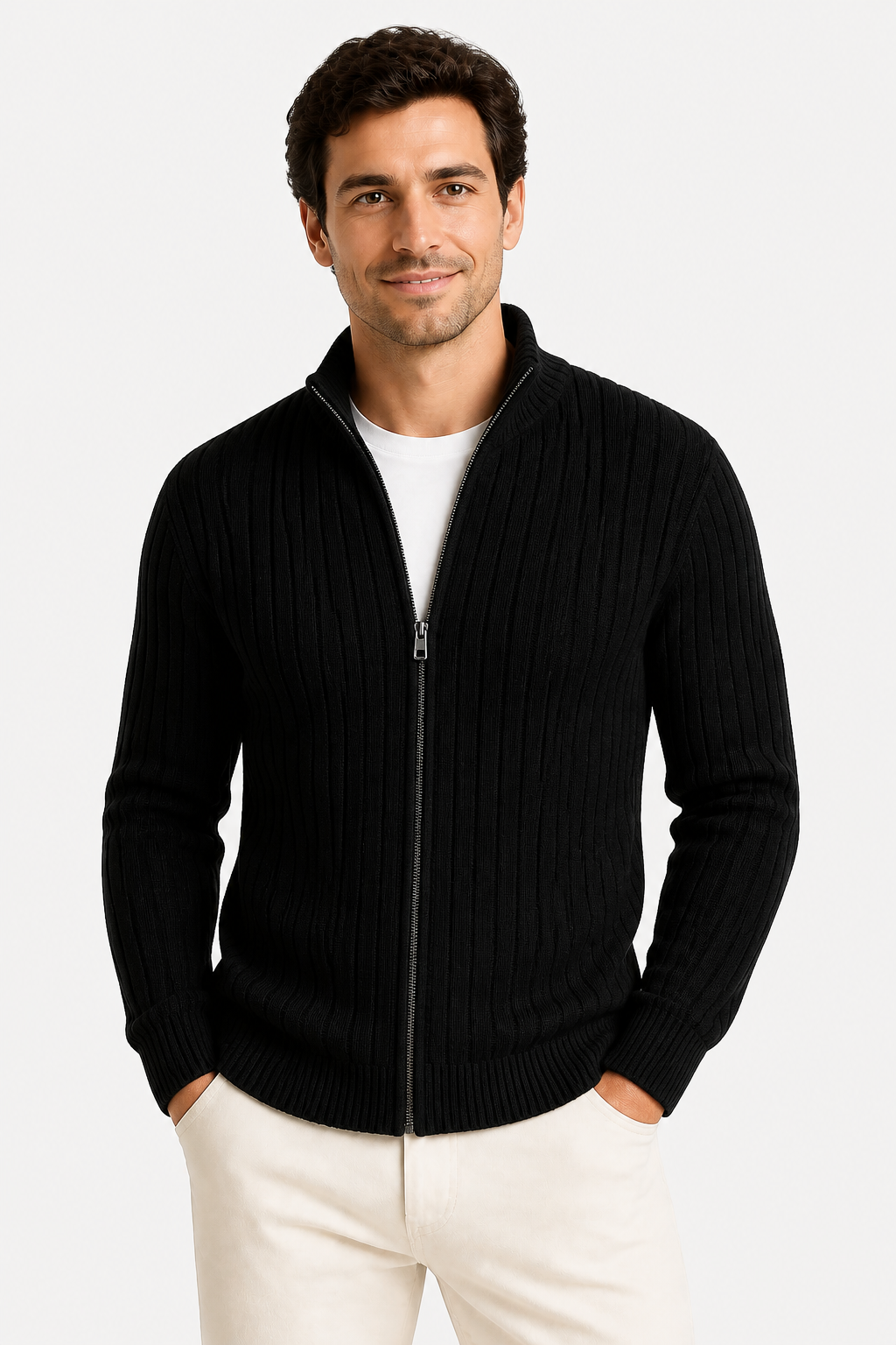Harrington Oxford | Men's Cardigan Grey Ribbed Knit Lightweight Casual and Formal Design for Men - Black - front