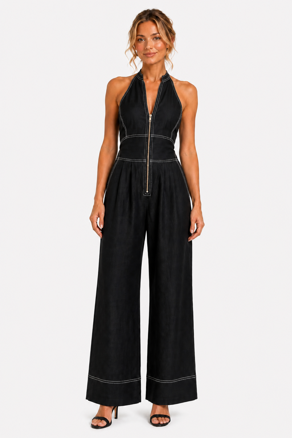 Darelle – Contrast stitch utility – Wide-leg jumpsuit - Black - front