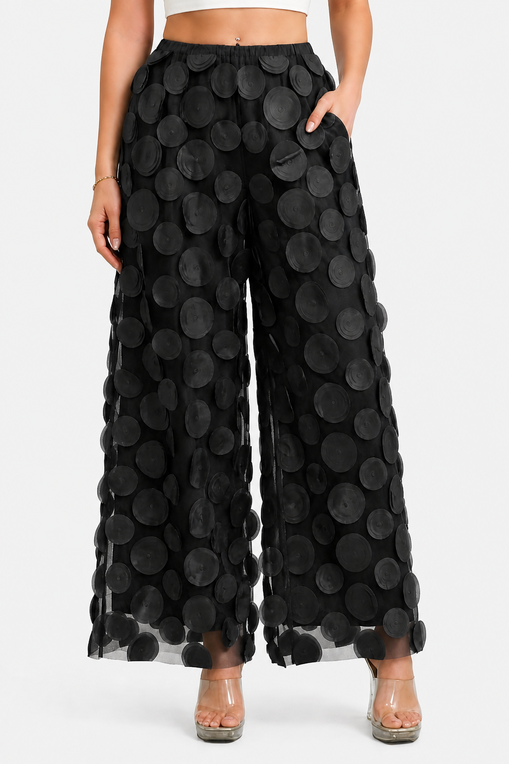 Bellaria – 3D circle appliqué – Wide-leg trousers - Black - front